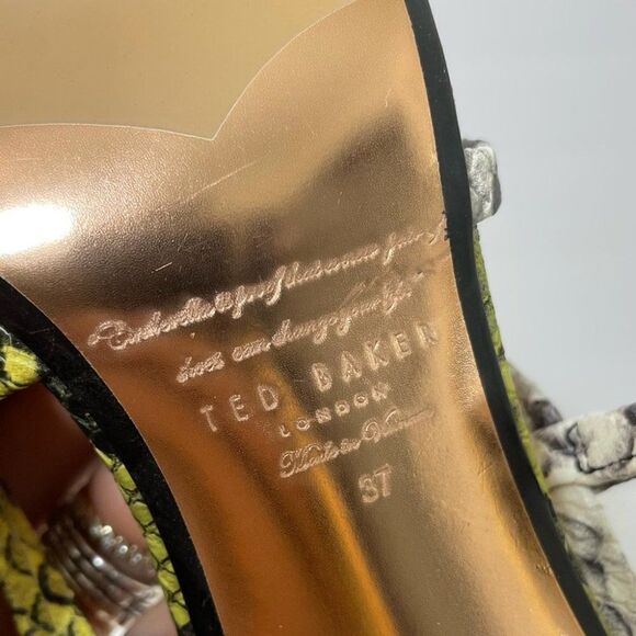 Ted Baker Theanaa Snakeskin Embossed Leather Heeled Sandals Neon Yellow size 37 - Picture 12 of 15
